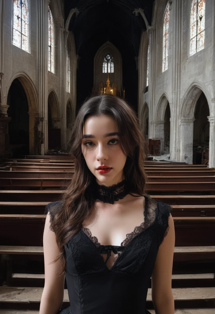 One Girl, France、Paris、Portraiture, close, 薄dark, dark, night, dark background, (Inside the abandoned church, Horror atmosphere, Black Style, Dramatic lighting, Calm colors, Moderate), Long Hair, Gothic Dress, dark makeup, Dusty clothes,choker, Red and Black, high quality, 最high quality, masterpiece, Cinema Lighting, ((Perfect Eyes, Detailed eyes, Realistic eyes, Symmetrical eyes)), ((Sharp Face, Detailed face, Realistic Face, Natural Skin, Realistic Skin, Detailed skin, pores)), RAW 32k Photos、Buy a dress