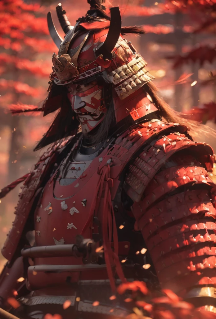 (((Samurai Armor))) best quality, very high resolution, detailed CG in 4K, masterpiece, Hachiman, red, Shui mo Hua, Chinese tribes, Chinese city, forest, aesthetics, beautiful image, centered on the screen, all body