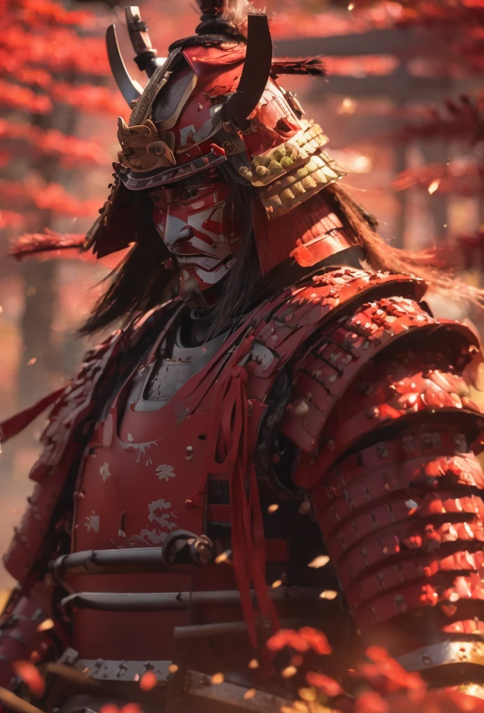 (((Samurai Armor))) best quality, very high resolution, detailed CG in 4K, masterpiece, Hachiman, red, Shui mo Hua, Chinese tribes, Chinese city, forest, aesthetics, beautiful image, centered on the screen, all body
