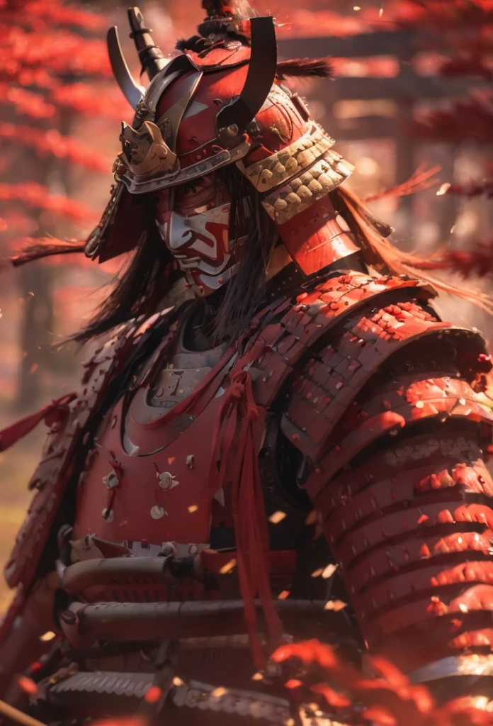 (((Samurai Armor))) best quality, very high resolution, detailed CG in 4K, masterpiece, Hachiman, red, Shui mo Hua, Chinese tribes, Chinese city, forest, aesthetics, beautiful image, centered on the screen, all body