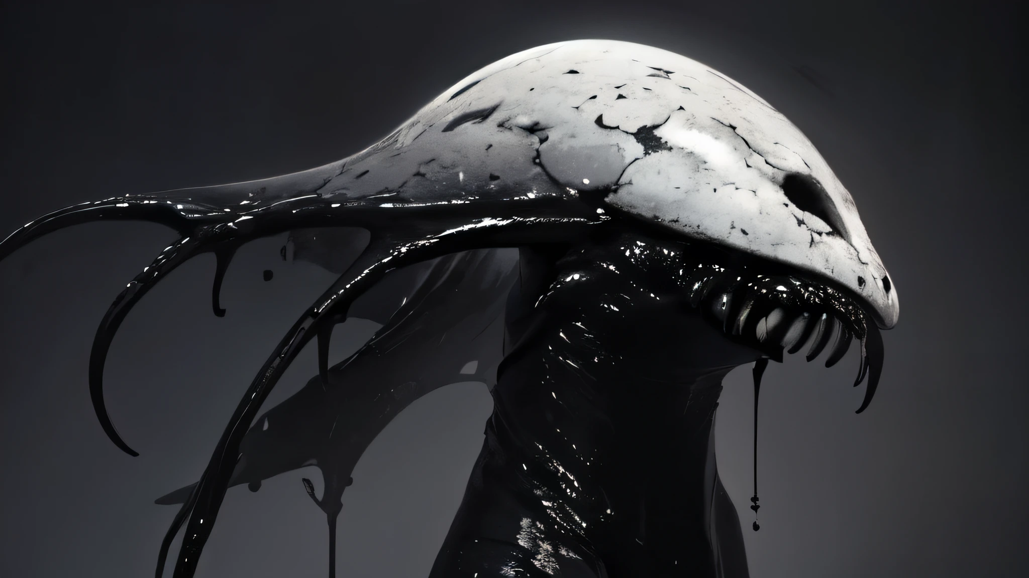 bs, solo, simple background, monochrome, upper body, greyscale, bodysuit, black background, 1other, monster, arms at sides, horror (theme), alien