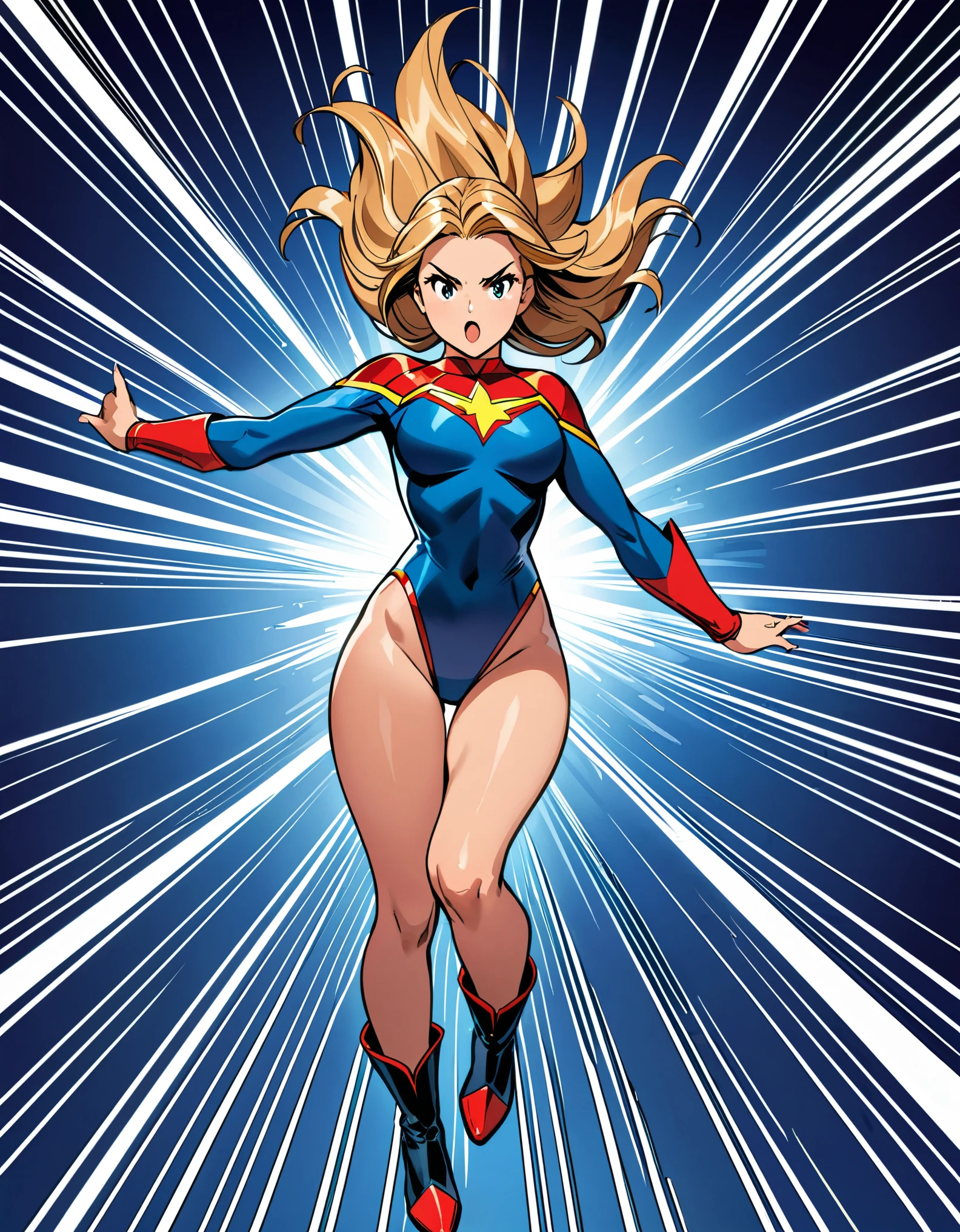 (masterpiece), (best quality), (highres), a female superhero spins in place into a whirlwind. Leotard, bare legs, boots. dynamic spin pose, standing straight, spiral lines around her, speed lines around her.