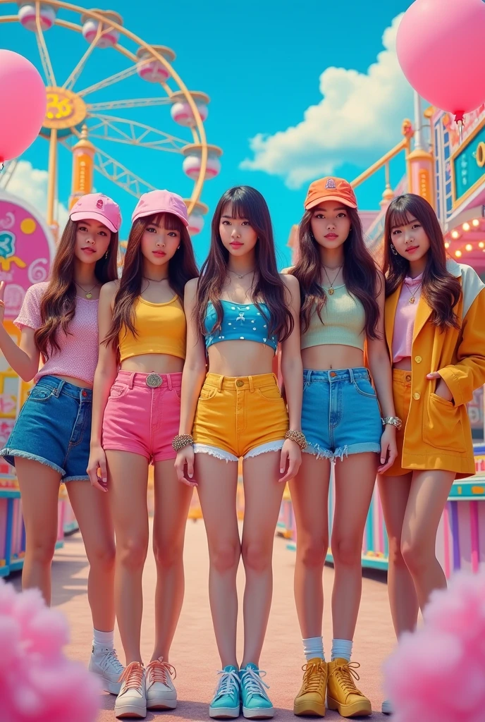 Create a kpop album with five girls without showing their faces, in an amusement park 