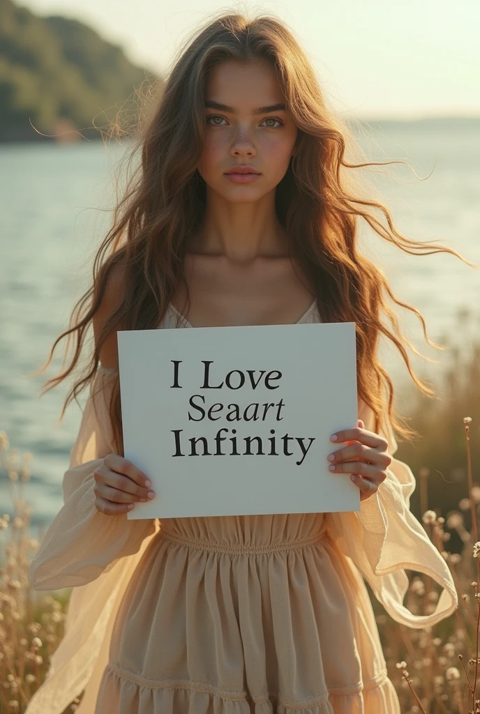 Beautiful girl with wavy long hair, bohemian dress, holding a white board with text "I Love Seaart Infinity" and showing it to the viewer