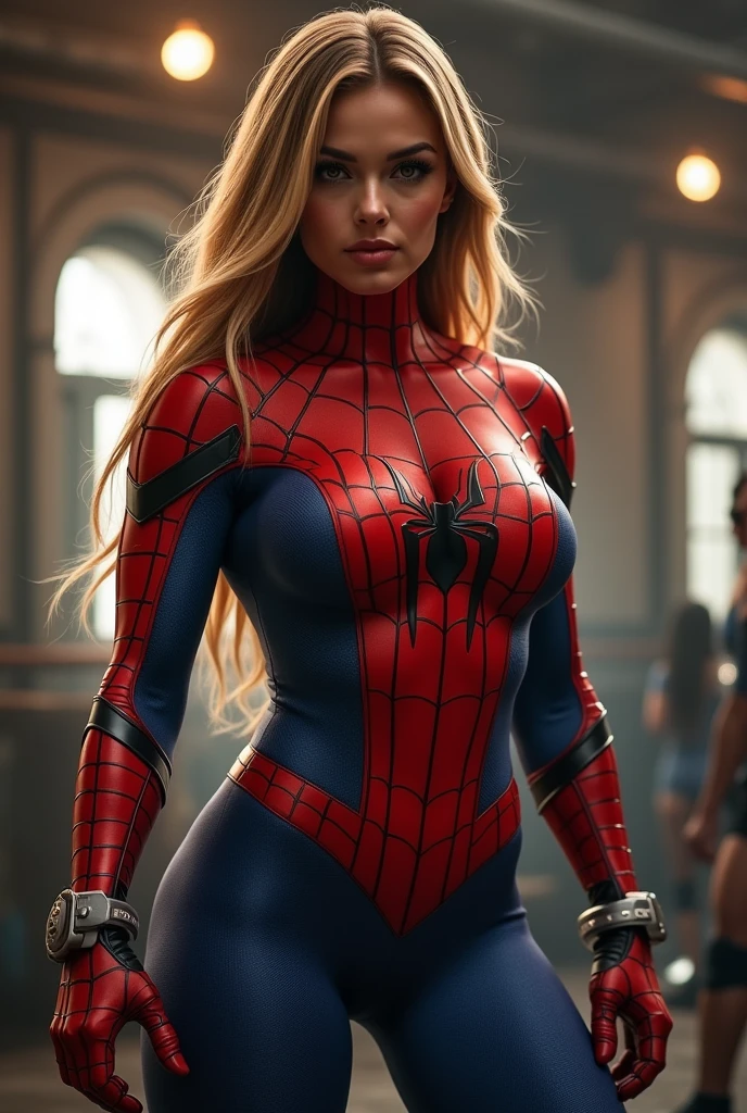 muscular sexy bodybuilder girl with big breast and big ass in spider man costume