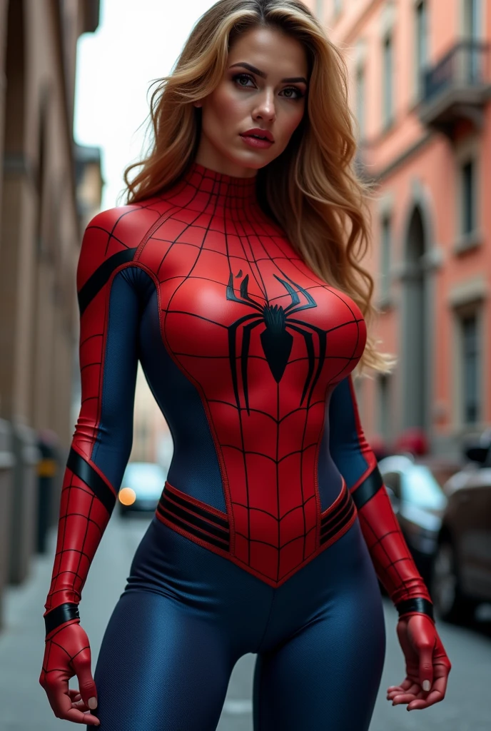 muscular sexy bodybuilder girl with big breast and big ass in spider man costume