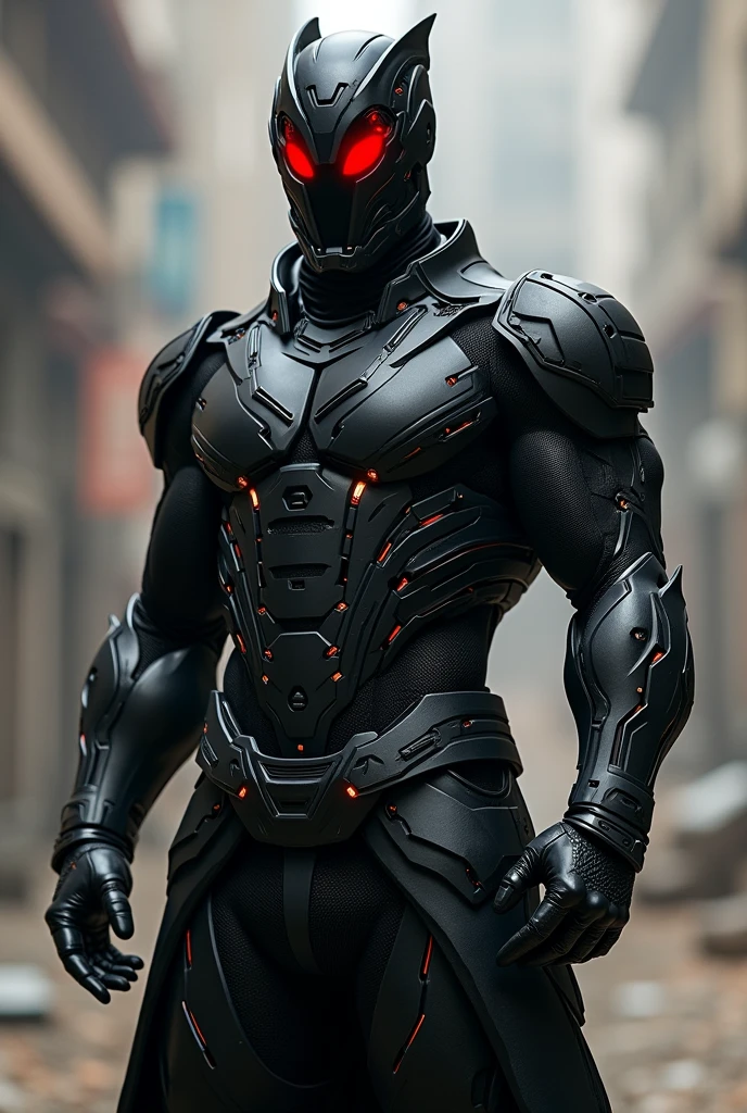 name: John Salles "Arcanus"
kor: 30 Years Superpower: Weapons Handling, High Qi, Apex of the Human Being, martial arts.
weaponry: Any firearm, magic bracelets.

A highly technological suit, Black with gray details and an imposing red-eyed mask 
