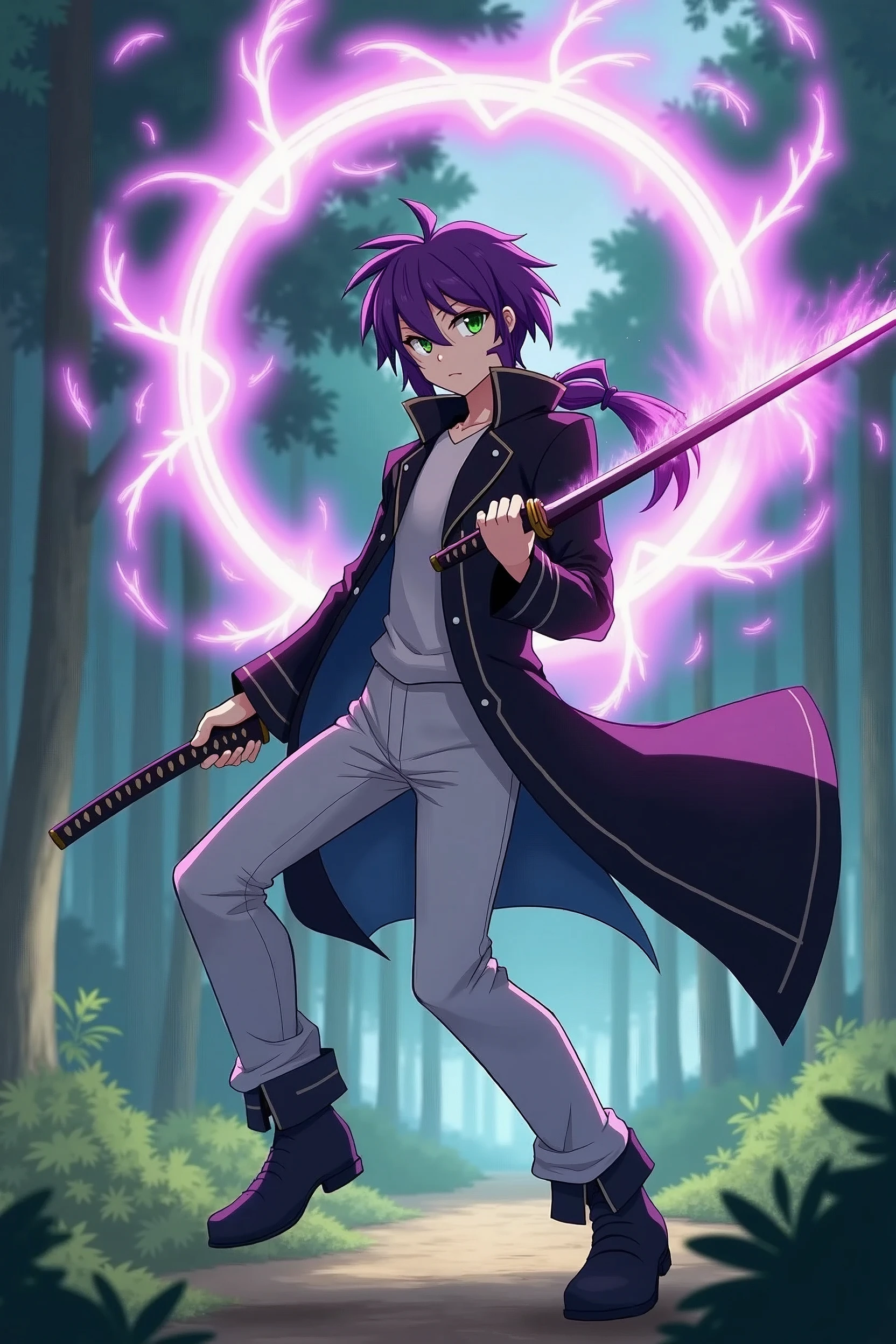 A Genshin impact character, that is average looking, purple hair, mullet haircut, green eyes, soft face but fierce, black overcoat with white pants and tshirt, about 187cm, in a scenery in the woods, where he showcases a three mana circle with purple lightning power on his back and holding a katana sword in his left hand and is swinging it, it is anime style, make it to show his full body and his mana circle