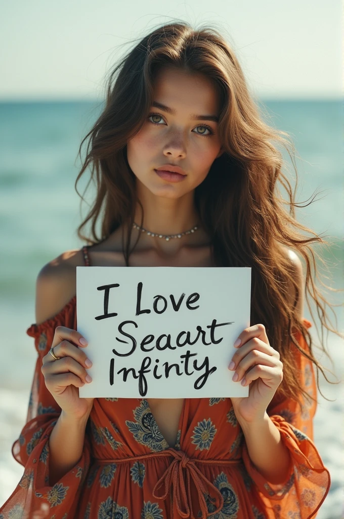Beautiful girl with wavy long hair, bohemian dress, holding a white board with text "I Love Seaart Infinity" and showing it to the viewer