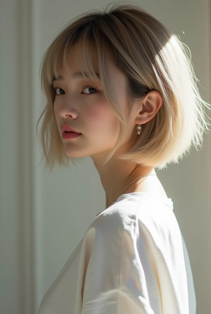 Photo seen from the side,(8k, RAW photo, best quality, masterpiece:1.2),natural lighting,small ,(real human skin,finely detailed skin:1,4),upper body photo,((straight shortbob hair,bleach hair,transparent bangs,light brown hair:1,6)),white shirt,