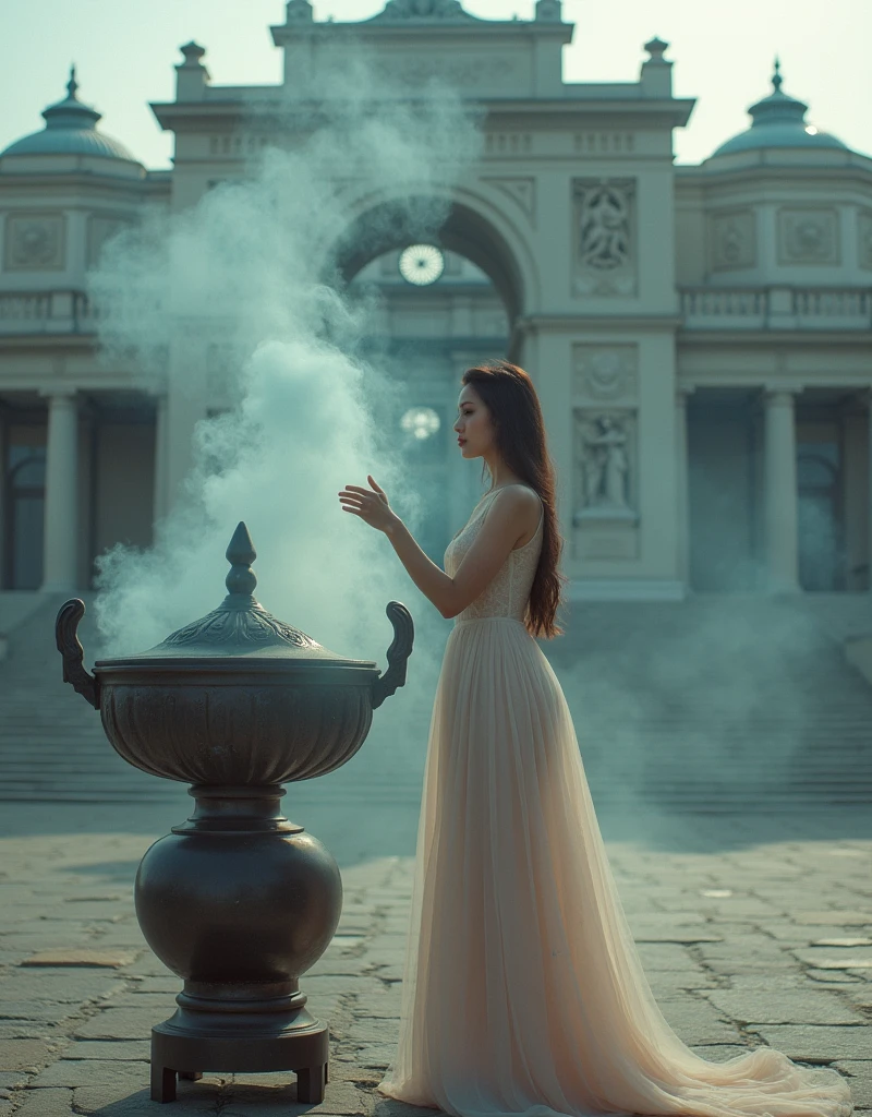 A surreal image featuring classical architecture, an incense burner, and a woman. The classical architecture stands grand and imposing in the background. The incense burner is emitting wisps of fragrant smoke, adding an ethereal quality to the scene. The woman is elegantly posed, interacting with both the architecture and the incense burner. The atmosphere is mystical and dreamlike, seamlessly blending the elements.