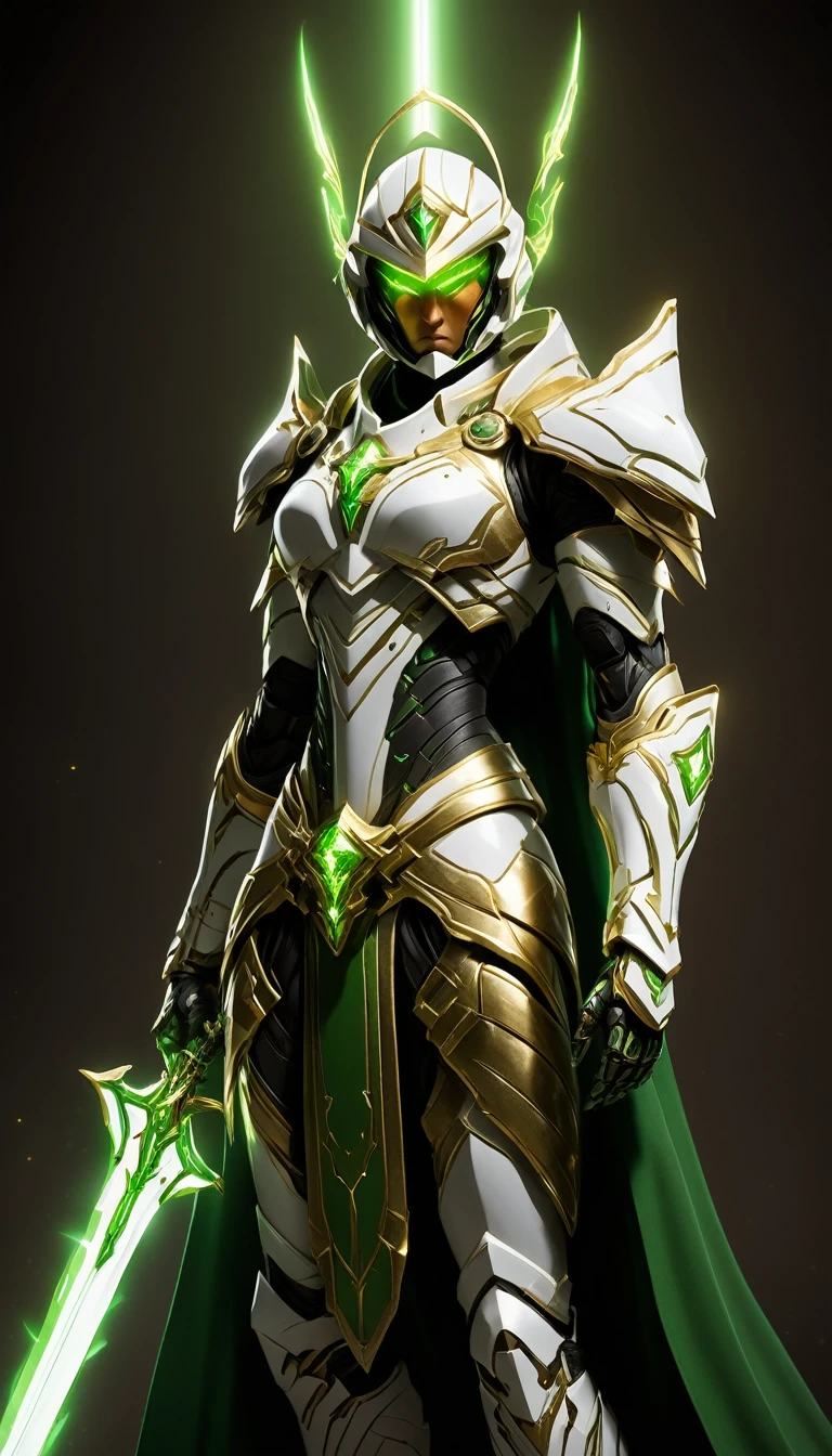 Masterpieces, female, Holy white Knight, (white armor) Action style shot, (no undercloth), Glowing Green colored (Christian Cross) on breastplate, (Battle Priest in a warframe and halo style armor wielding a sword with radiant green light, emanating potent green light magic.), (green half cape), (action shot: hefting a sword), (white, green and gold color scheme), (5 green gems on belt), (green magic effects), white and green tabard (solid gold color background), (gold magic background effects), centered, full body shot fighting, sci-fi knight, Halo master chief, vibrant colors, visible figure joints, cinematic shot, volumetric lighting, intricate pattern detail, highly detailed