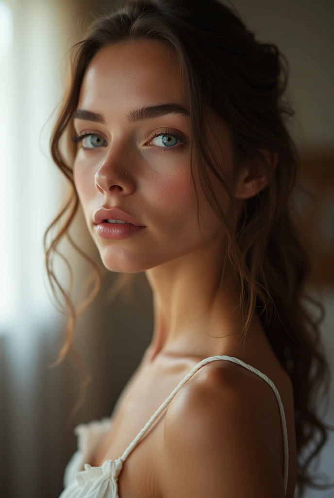 High Quality, Best Quality, Photorealistic, Raw Photo, Realistic, Ultra Real 8K CG, Ultra Detail, High Definition, Masterpiece, 1 Girl, standing, naked, seductive gaze, perfect figure, 23 yrs old, Female Beautiful Face, Soft Face, Elegant, Long Hair, Blue Eyes, Light Blue Eyes, full sexy figure, distant shot 4m, Intricate Details, Detailed Textures, Fine Details, Front Face , female natural body, sexy, very beautiful young female face, standing in beautiful bedroom