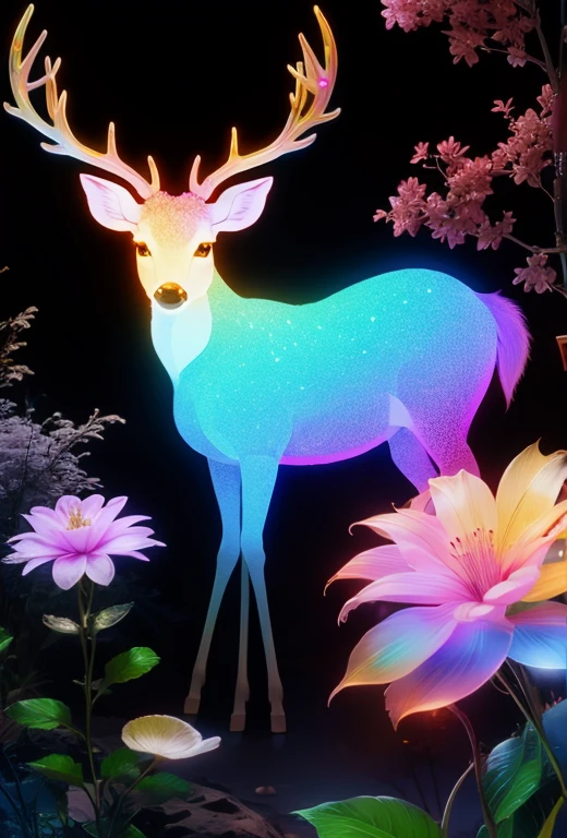 deer,Look up diagonally,Fantasy,rainbow,deerの周囲に花,