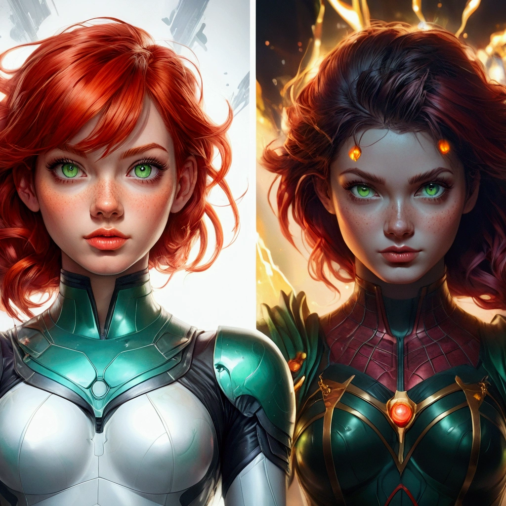 two different images of a woman with red hair and green eyes, artgerm and lois van baarle, lois van baarle and rossdraws, artgerm and genzoman, artgerm and rossdraws, aly fell and artgerm, jazza and rossdraws, artgerm and atey ghailan