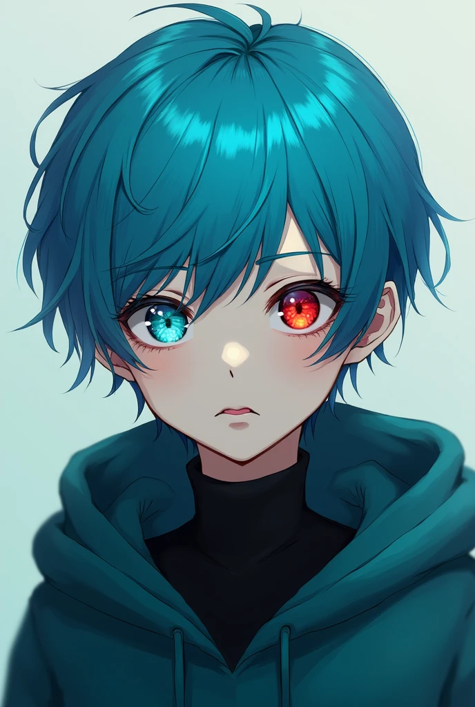 cyan haired boy, cyan left eye and right red eye. wearing dark cyan hoodie and a black turtle neck underneath.