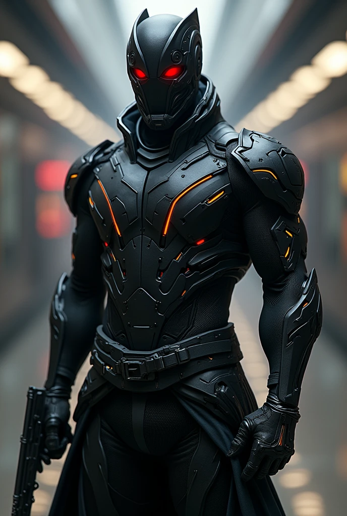 name: John Salles "Arcanus"
kor: 30 Years Superpower: Weapons Handling, High Qi, Apex of the Human Being, martial arts.
weaponry: Any firearm, magic bracelets.
A highly technological suit, Black with gray details and a mask with imposing red eyes With a gun in his hand