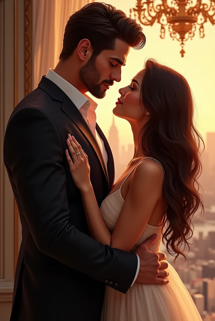 "Create a book cover for a billionaire romance novel. The cover should depict a warm and passionate embrace between the male and female leads. The male lead is a tall, handsome man in his early 30s, with dark, slightly wavy hair and a well-groomed stubble, wearing a sharp, tailored suit that emphasizes his status as a billionaire. The female lead is a beautiful woman in her mid-20s, with long, flowing hair and a soft, elegant dress that complements the romantic theme. They are standing close to each other, with the man's arm wrapped protectively around her waist, and she is looking up at him with a tender expression. The background should suggest luxury, with subtle hints of wealth, such as a cityscape view from a penthouse window, or a grand chandelier in the distance. The overall color palette should be warm and inviting, with soft lighting that enhances the intimacy of the scene."
