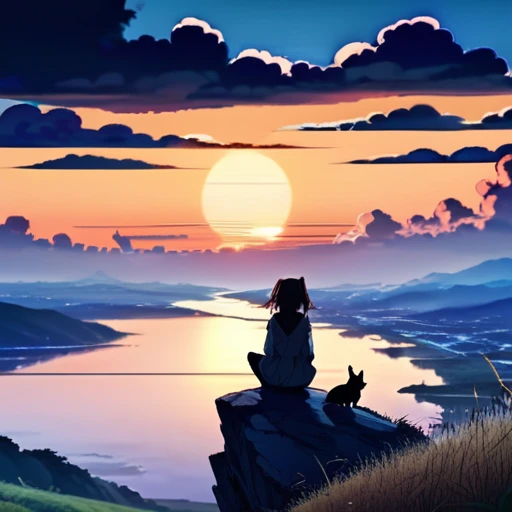 anime landscape of a girl＆cute corgidog sitting on a hill with grasses with dark blue clouds, blue cere madder sky  lightly big bell   with few clouds, anime nature wallpapers, beautiful anime scene, beautiful anime peace scene, Makoto Shinkai Cyril Rolando, beautiful scene of anime, amazing wallpaper, anime art wallpaper 8k, anime background, art anime background, anime 4k wallpaper, anime art 4k wallpaper, anime art 4k wallpaper,  prayer of requiem  prayer of requiem