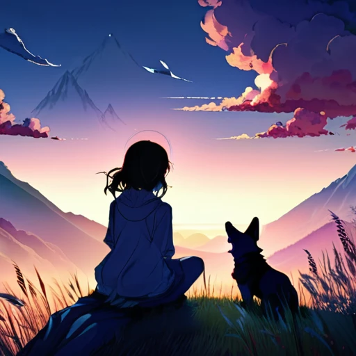 anime landscape of a girl&cute corgidog sitting on a hill with grasses with dark blue clouds, blue cere madder sky lightly big bell with few clouds, anime nature wallpapers, beautiful anime scene, beautiful anime peace scene, Makoto Shinkai Cyril Rolando, beautiful scene of anime, amazing wallpaper, anime art wallpaper 8k, anime background, art anime background, anime 4k wallpaper, anime art 4k wallpaper, anime art 4k wallpaper, prayer of requiem prayer of requiem