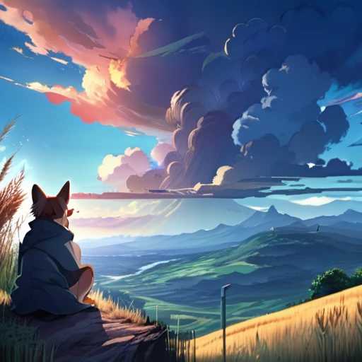 anime landscape of a girl&cute corgidog sitting on a hill with grasses with dark blue clouds, blue cere madder sky lightly big bell with few clouds, anime nature wallpapers, beautiful anime scene, beautiful anime peace scene, Makoto Shinkai Cyril Rolando, beautiful scene of anime, amazing wallpaper, anime art wallpaper 8k, anime background, art anime background, anime 4k wallpaper, anime art 4k wallpaper, anime art 4k wallpaper, prayer of requiem prayer of requiem
