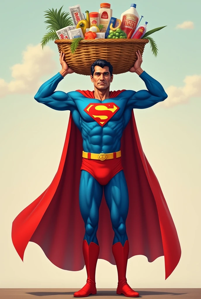 Bangladeshi Nobel Laureate Mohammad Yunus dressed as Superman with 27 items in a basket on his head.