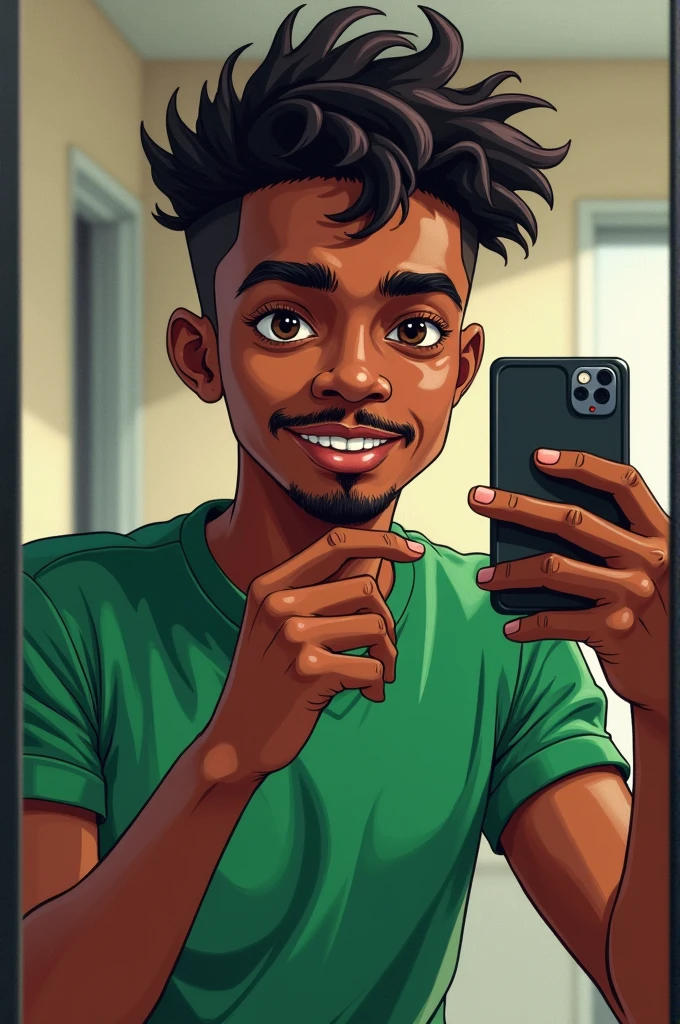 A black boy with black hair, a gradient style, brown eyes, a mustache, a thin goatee and a green shirt with elbow sleeves taking a selfie in the mirror.. drawing style