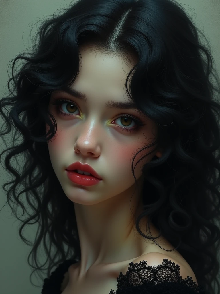 girl with black curly hair,beautiful ,has demon gaze.masterpiece