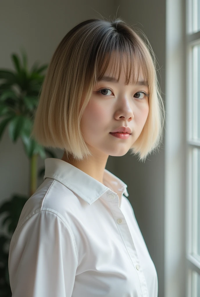 Photo seen from the side,(8k, RAW photo, best quality, masterpiece:1.2),natural lighting,small breast,(real human skin,finely detailed skin:1,4),upper body photo,((superstraight shortbob hair,bleach hair,transparent bangs,light brown hair:1,6)),white shirt,