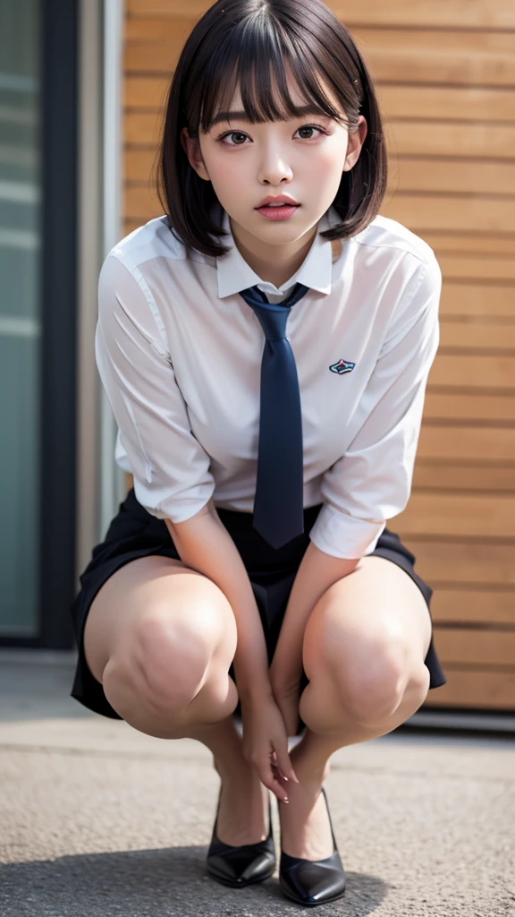 Highly detailed CG Unity 8k wallpaper, of the highest quality, super detailed, masterpiece, Realistic, photograph realistic, extremely detailed cute girl, 18 years old, Peeing, (collared shirt, pencil skirt, squat, pumps,), Round eyes, wavy mouth, Parted lips, black hair, crotchAngle,head out of frame,lower body,have to pee,covering crotch,(((hand between legs))),knees together feet apart, (embarrassed)