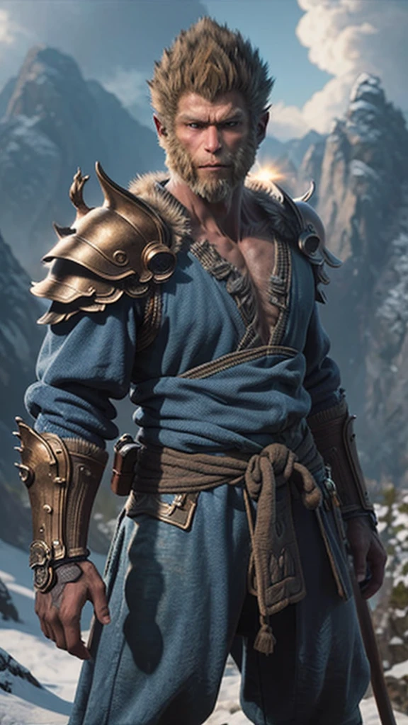 best quality,Very detailed,masterpiece,illustration,wukong(black myth),A boy stands alone on the peak of a rugged mountain range,Male focus,Firm expression,Glowing and delicate eyes,Shadowed side,Wearing a fur chest、armor、Blue clothes、Scapula,Holding a golden staff,Make the Swinging Golden Staff、Looking into the distance,There is sunshine around、cloud,Unreal Engine,8 thousand,Super Detail,Close-up,Movie-level lighting