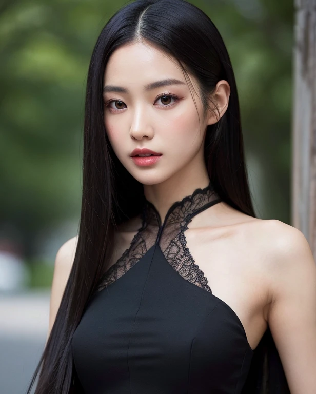 ((surreal、Super detailed image, maybe a photo.,Captures the details of the skin texture of an incredibly beautiful woman..))long straight black hair。Elegant floral dress.