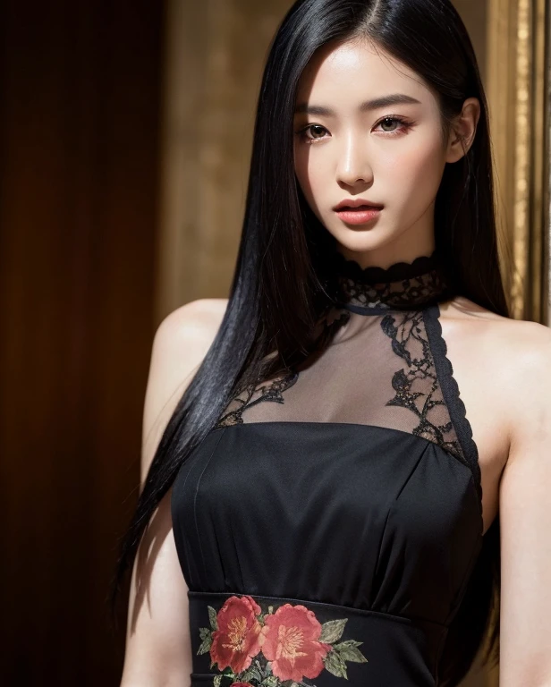 （（surreal、Super detailed image, maybe a photo.，Captures the details of the skin texture of an incredibly beautiful woman..））long straight black hair。Elegant floral dress.