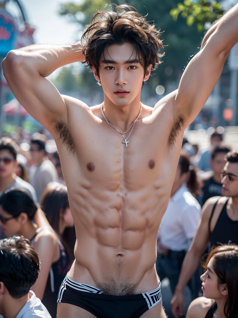Crowded amusement park, amusement park light, crowded people, Very dirty Stain in his thong, Very hairy armpits, Very detailed finger, don't merge body, Very young boy, teenager boy, (photorealistic, masterpiece, best quality), white pale skin, muscular man, hunk, charming, attractive, wearing necklace in his neck, completely naked , Realistic, fully naked, nude, perfect , male , modeling for a photoshoot, editorial style, handsome man, detailed face, Very crowded classroom, Topless, shirtless, 17 years old boy, very young boy, Cinematic soft lighting illuminates a stunningly detailed and ultra-realistic handsome korean male supermodel, ultra messy long curly hair, clear honey eyes, captivating perfect smile, sensual, hot man, insanely handsome, showing off his sweaty body, very sixpack muscular body build, slender, toned, full body, 8k, photography, masterpiece, detailed face, detailed eyes, detailed hands, in the crowded festival showing off his very bushy hairy armpits, only wearing very thin micro thong with big hard bulge, very wet body, very sweaty body, amusement park background, amusement park scenery, wearing thin thong