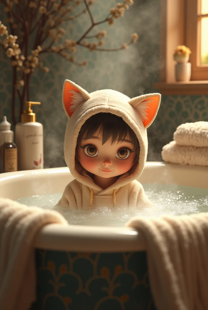 Draw a boy with a hood and cat ears while in the bathroom taking a bath
