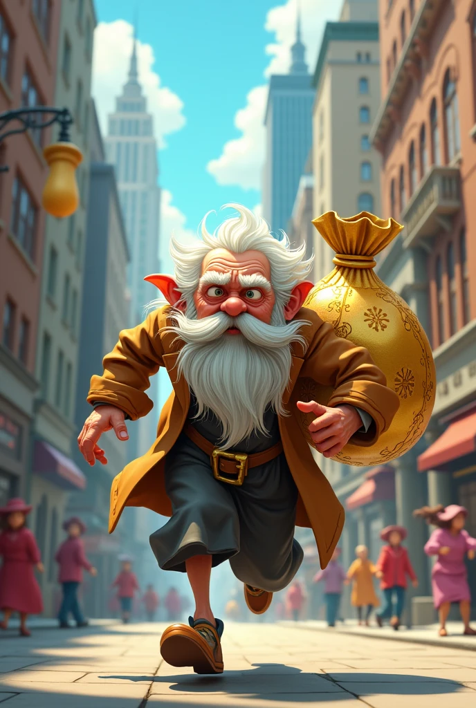 Draw a crazy old saint with a gold bag running to the left in 2d paper cartoon in the city