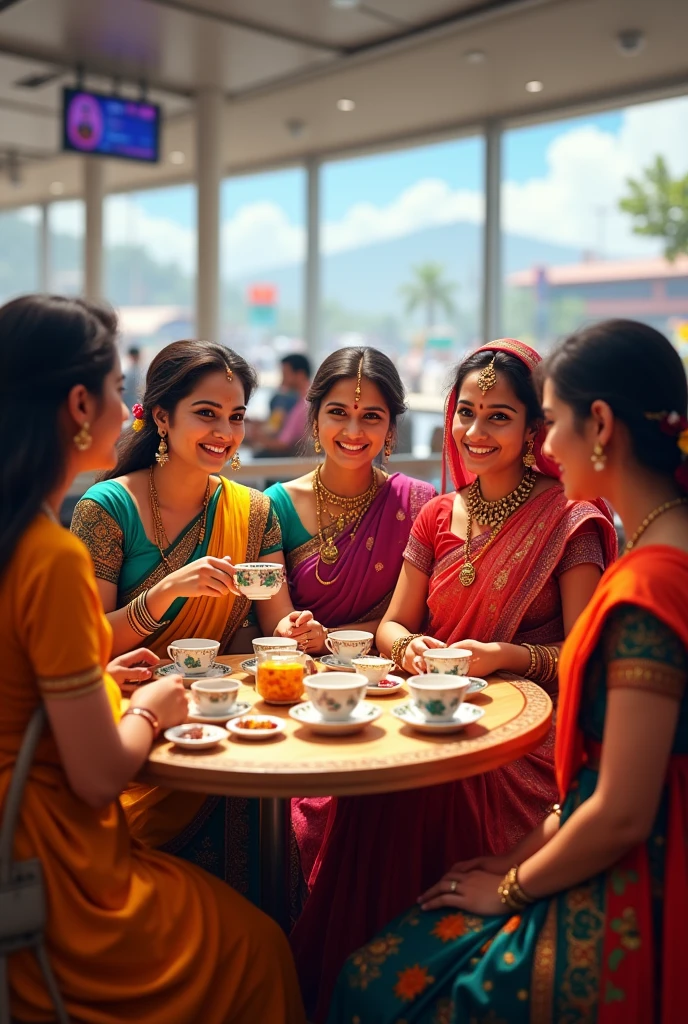 Generate an image of three rajasthani ladies named as indu,sunita, Priti and three Man named as shivdayal Ramesh , Mukesh having tea in airport named as bagdogra