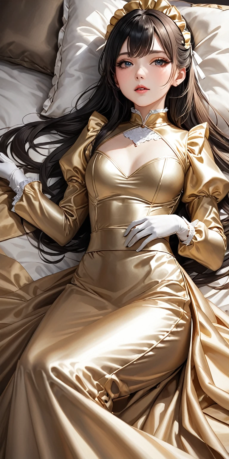 Portraiture、(masterpiece,Highest quality,Ultra-high resolution),Japanese women, (((Very beautiful 25 year old girl)))、(She is wearing a shiny pale gold satin long sleeve maid outfit..)、The dress has a simple design without any patterns...、(((A long skirt made of pale gold satin.)))、Pale gold satin gloves、((Pale gold satin bodysuit))、Lying on a satin bed