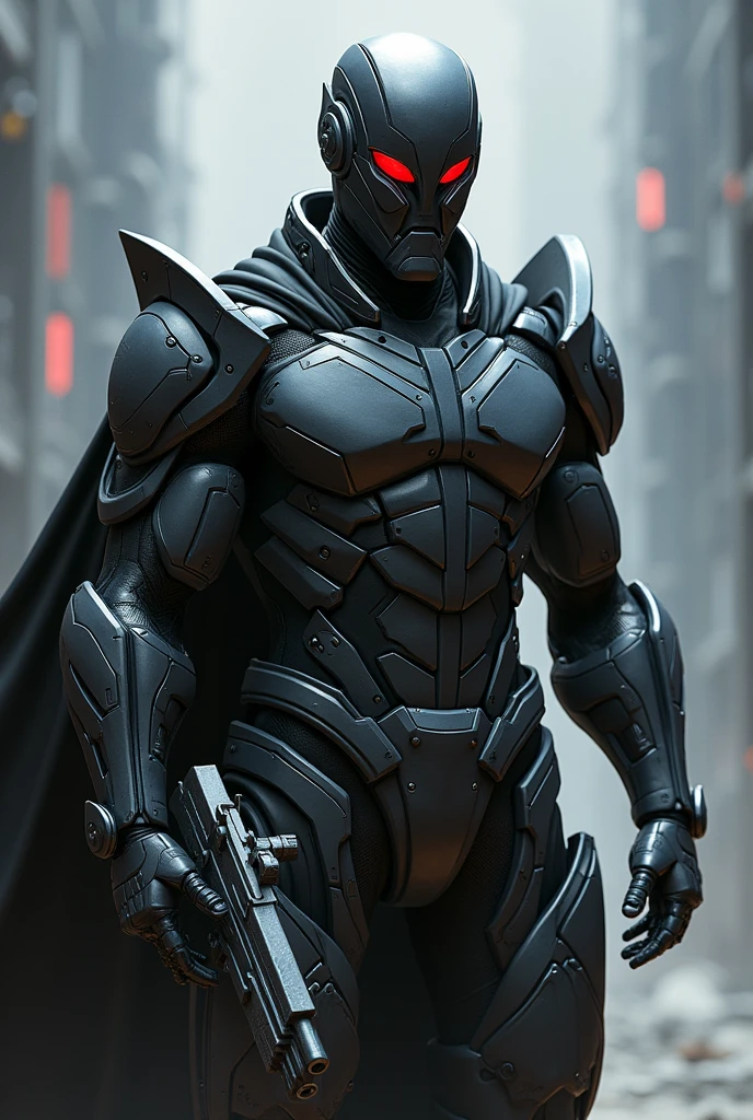 name: John Salles "Arcanus"
kor: 30 Years Superpower: Weapons Handling, High Qi, Apex of the Human Being, martial arts.
weaponry: Any firearm, magic bracelets.

A highly technological suit, Black with gray details and a mask with imposing red eyes With a gun in his hand 

