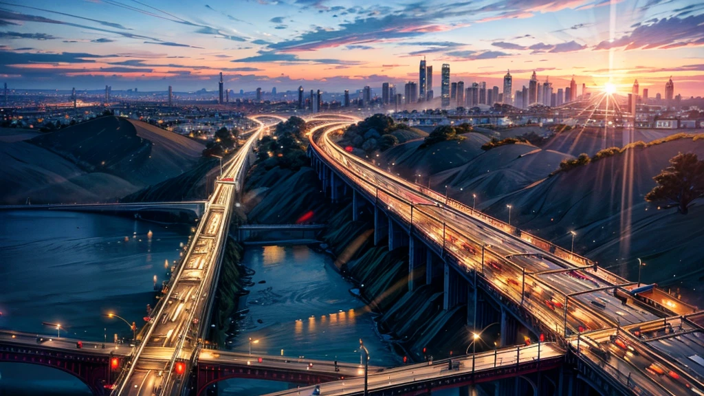 San Francisco beautiful sunset cityscape train tracks in the middle of the road with constant flow of traffic