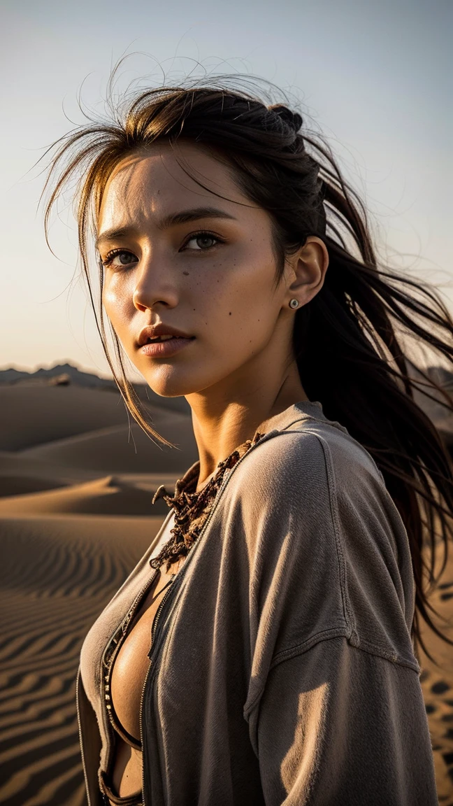masterpiece, Transition to a desert landscape at sunset, a lonely figure, A beautiful 25-year-old American teenager emerges wearing beautiful post-apocalyptic nomadic clothes., White skin, by rubio, gray blue eyes, Freckles in the face, slim body for running, small breasts, Very detailed face, ultra realistic face, very beautiful face, clean but tired face, post-apocalyptic clothing. Layers of tattered fabric, unconventional accessories, and a worn appearance create an aura of survival and resistance., 16k, ultra high resolution.photorealistic, HD, raw, DSLR, with the face of jeniffer lawrence