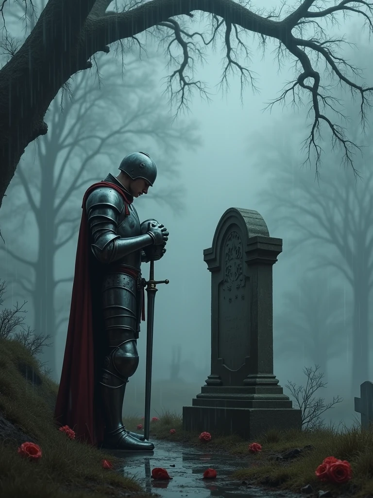 A knight in magnificent armor stands in an old cemetery surrounded by fog.. A gloomy and sad atmosphere enveloped the place.. The knight faced his comrade's gravestone., holding his helmet to his chest as a sign of respect. Cloudy skies and light rain add to the melancholy feel.. Around the cemetery, there are old trees with branches hanging down to the ground, and wilted flowers are scattered around the gravestone. This scene reflects deep sadness and loss..
