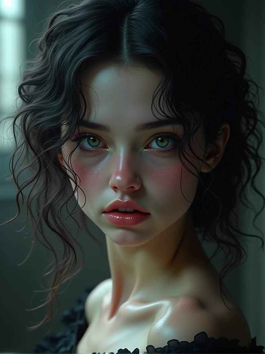 girl with black curly hair,beautiful ,has demon gaze.masterpiece