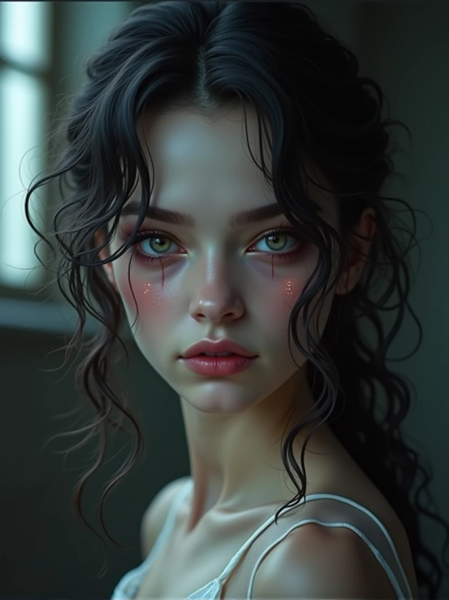 girl with black curly hair,beautiful ,has demon gaze.masterpiece