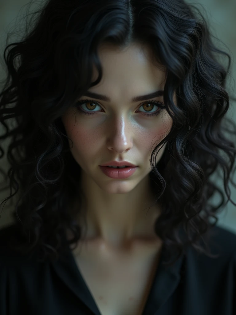 girl with black curly hair,beautiful ,has demon gaze.masterpiece