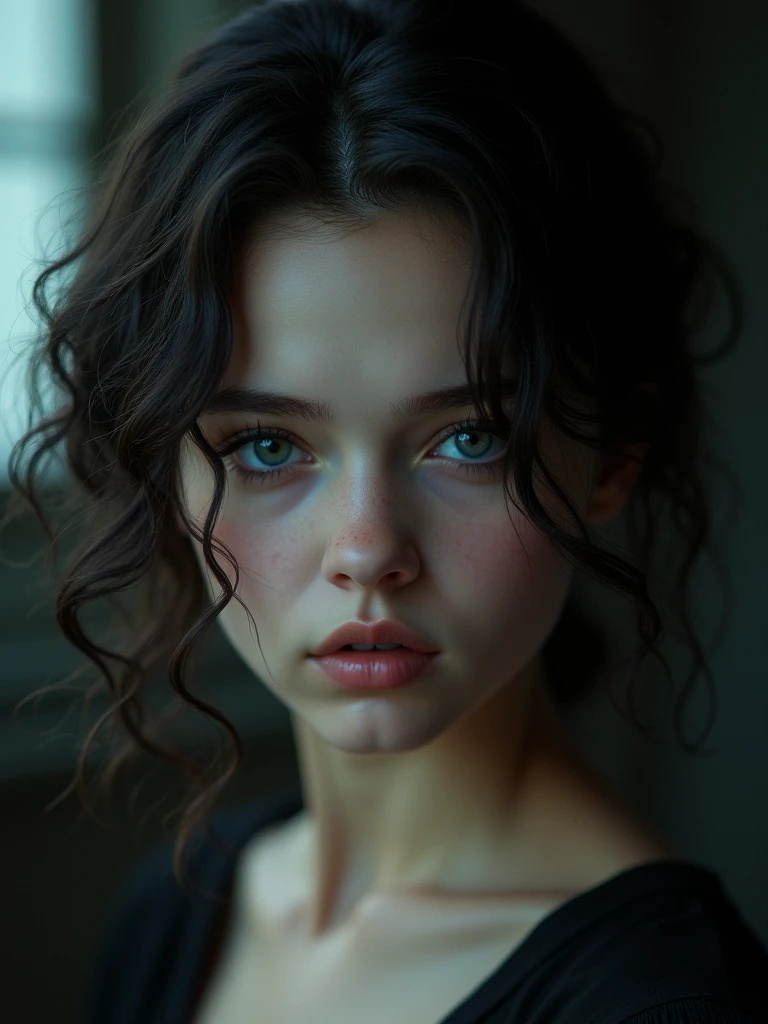 girl with black curly hair,beautiful ,has demon gaze.masterpiece