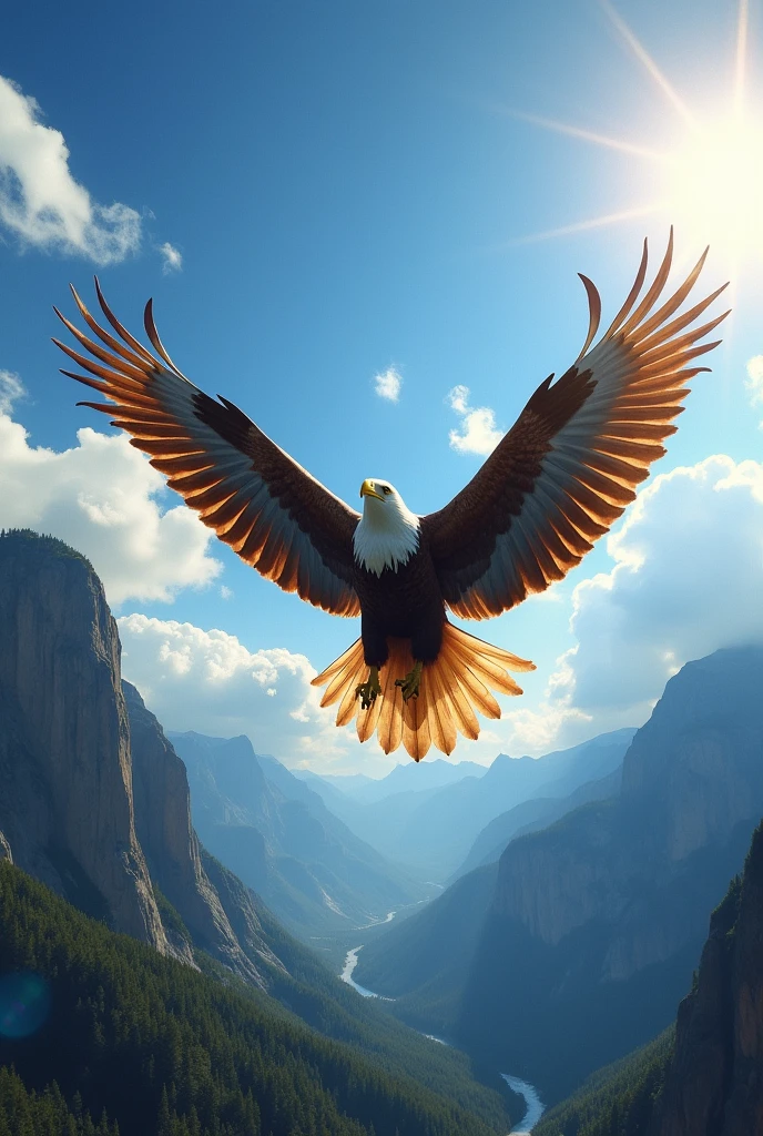 Visualize a majestic eagle in full flight, his powerful wings stretched to their fullest, each feather outlined against the vast blue sky. down, steep mountains and deep valleys, but the eagle is on top of the world, gliding with serene confidence, his piercing eyes fixed on the distant horizon. 

The sunlight shines on their golden feathers, and the shadow it casts on the land below seems a symbol of strength and dominance. The determination in his gaze, combined with the precision and grace of his movements, conveys a sense of absolute power and unshakable motivation, as if nothing could stop her on her journey. 

The surrounding scenery is grand, but the eagle is the center of everything, a focus figure, Strength and freedom, inspiring all who watch her to reach unimaginable heights.