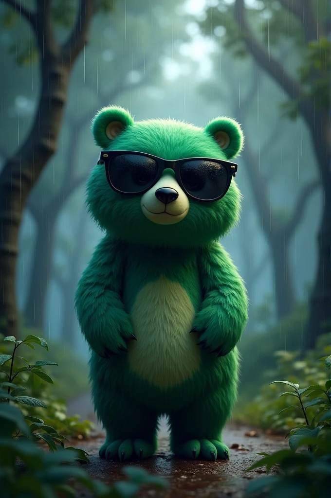 A green bear wearing pitch-black glasses in a forest in the evening when it is raining.