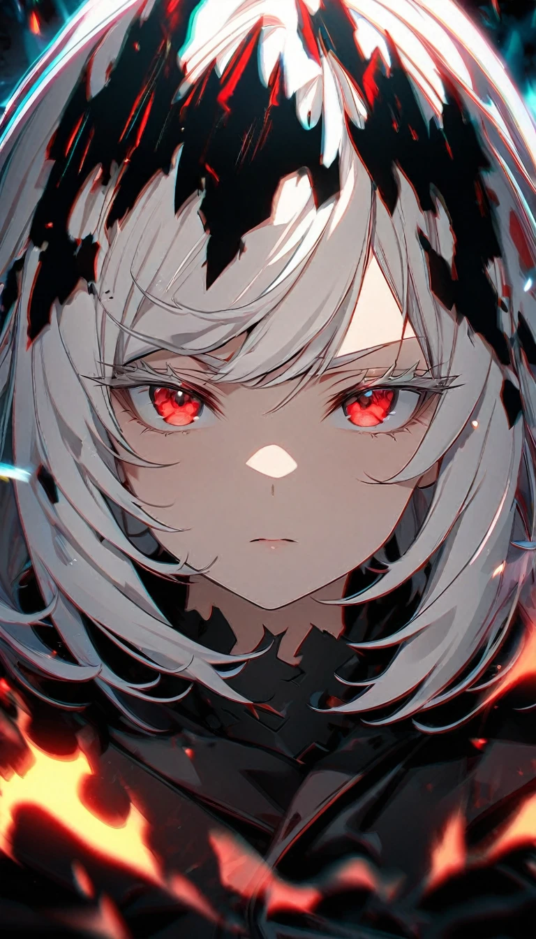 hdr, 1girl, (emotionless:1.1), white hair, half glow red halo, evil godness, red eyes, (white eyelashes:1.2),(chromatic aberration:1.1), solo, digital dissolve, looking at viewer, black coat, wild hair, (mature:1.3), short hair, (black fire aura:1.2), close up