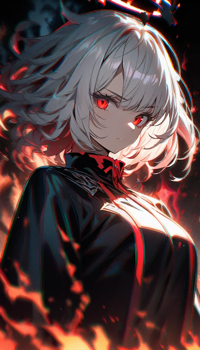  hdr, 1girl, (emotionless:1.1), white hair, half glow red halo, evil godness, red eyes, (white eyelashes:1.2),(chromatic aberration:1.1), solo, digital dissolve, looking at viewer, black coat, wild hair, (mature:1.3), short hair, (black fire aura:1.2), close up